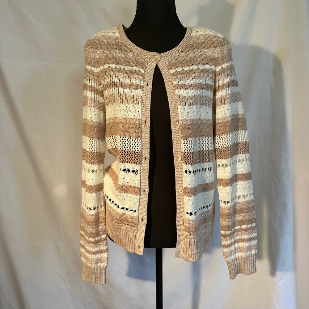 Ecru Brand Beige and Cream Striped Cardigan, patterned weave, size M
